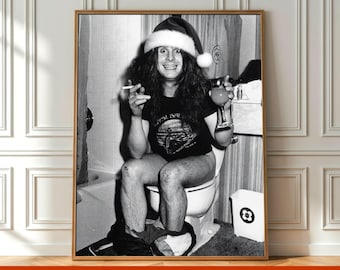 Vintage Christmas Ozzy Osbourne on Toilet Poster, Funny Black & White Bathroom Wall Art, Photography Prints Bathroom Wall Decor Toilet Print