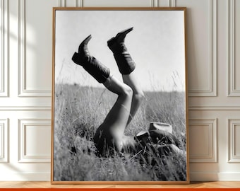 Vintage Black & White Cowgirl Poster Wall Art, Western Pin Up Photography Print, Cowboy Boots Hat Boudoir Photo Printable Digital Download