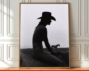 Vintage Cowgirl on Horse Poster Wall Art, Western Black & White Photography Print, Cowboy Girl Hat Boudoir Photo, Printable Digital Download