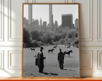 Black & White Vintage NYC Cowboy Golf Wall Art Poster, Retro Central Park Golfer Photo Print, Western Wall Decor Sports Art Digital Download