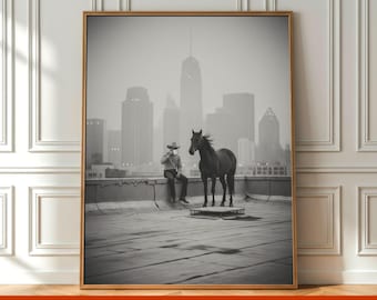 Cowboy New York City Wall Art Poster, Black and White Western Photo Urban Cowboy Wall Art Vintage Bar Decor Wild West Print Digital Download