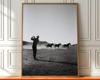 May include: Black and white framed print featuring a golfer swinging a club on a grassy field, with several horses running in the background. The image has a vintage aesthetic. The text "BUY 3 GET 1 FREE" is at the bottom.