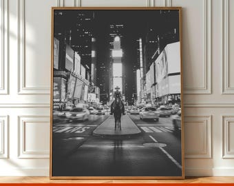 Vintage Western Cowboy in New York City Wall Art, Retro Black and White Digital Photo Print, Cowboy Horse in NYC Traffic Analog Style Poster