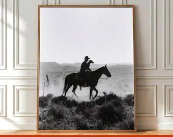 Vintage Black & White Cowboy with Dog on Horse Poster Wall Art, Western Rider Photo Print, Retro Film Photography Printable Digital Download