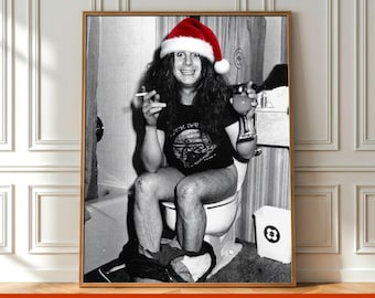 Vintage Christmas Hat Ozzy Osbourne on Toilet Wall Art, Funny Black & White Bathroom Poster, Toilet Photography Prints Bathroom Wall Decor