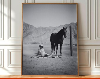 Vintage Black & White Cowgirl Desert Wall Art, Western Horse Photo Print, Cowboy Girl Poster, Wild West Bar Decor Printable Digital Download
