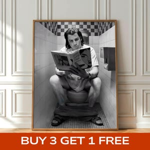 Vintage John Travolta on Toilet Wall Art Funny Pulp Fiction Black & White Bathroom Poster Toilet Photography Prints Bathroom Decor Printable