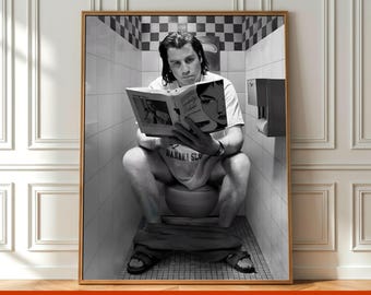 Vintage John Travolta on Toilet Wall Art Funny Pulp Fiction Black & White Bathroom Poster Toilet Photography Prints Bathroom Decor Printable