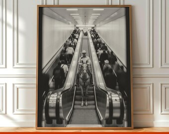 Vintage Cowboy Subway Poster Wall Art, Black and White Western NYC Photo, Horse Rider Escalator Print Urban Cowboy Decor Analog Style Poster