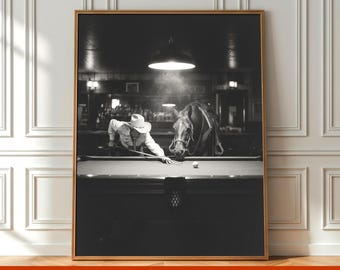 Vintage Cowboy Billiards Poster Wall Art, Retro Black and White Western Bar Photo, Cowboy Horse Art Print, Printable Digital Download Poster