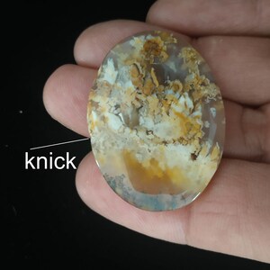 Puede incluir: Primer plano de un cabujón de ágata marrón claro con un patrón blanco y amarillo. La piedra tiene una pequeña muesca en el borde. La piedra está etiquetada como "CB1005".