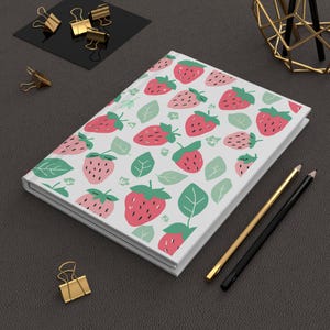 Strawberry Pattern Hardcover Journal, Cute Writing Notebook, Aesthetic Diary, Gift for Students, Floral Journal, Plan & Organize