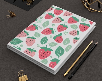Strawberry Pattern Hardcover Journal, Aesthetic Writing Notebook