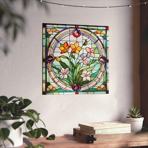 Stained Glass Floral Art Poster, Vintage Decor, Home Wall Art, Stained Glass Poster, Flower Poster, Unique Wall Art
