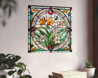 Stained Glass Floral Art Print, Vintage Style Poster