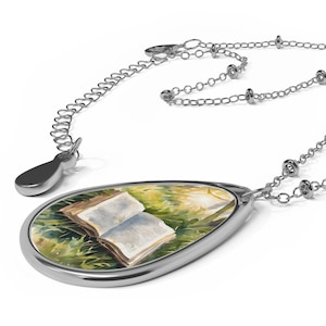 Book Lover&#39;s Oval Necklace, Literary Gift, Book Charm Necklace, Reading Jewelry, Gift for Her