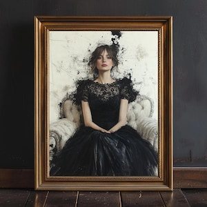 Elegante Tinte Porträt Wandkunst · Dunkle feminine gotische Kunst · Frau im schwarzen Kleid · Vintage Illustration · Stimmungsvolle Ästhetik · Digitaler Download