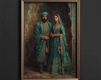 Indisches Portrait • Druckbare Wandkunst • Königliches Mughal Paar • Stimmungsvolle Academia • Digitaler Download