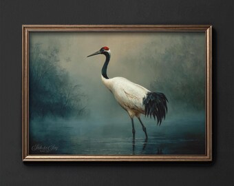 Crane Printable Wall Art • Vintage Bird Painting • Dark Academia Print • Moody Nature Decor • Digital Download