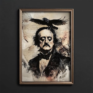 Utskrivbar väggkonst av Edgar Allan Poe • Vintage gotisk litteraturmålning • Stämningsfull mörk akademisk dekor • Digital nedladdning