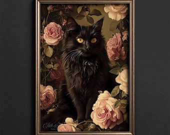 Black Cat with Roses Printable Wall Art • Vintage Gothic Cat Painting • Moody Gothic Decor • Digital Download