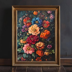 Retro Style Flower Wall Art · Moody Vintage Floral Painting · Botanical Decor · Bold Colorful Bloom Aesthetic · Digital Download