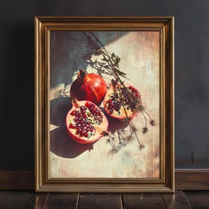 Martwa natura z granatem na ścianie · Fotografia w stylu Moody Fruit · Wystrój kuchni w stylu vintage · Wydruk artystyczny · Pobieranie cyfrowe