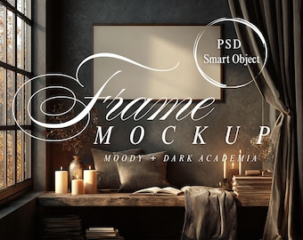 Moody Frame Mockup • Dark Academia Wall Art Display • Horizontal Lifestyle Mockup • Digital Download