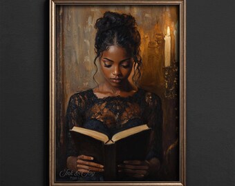 Black Woman Reading Printable Wall Art • Moody Vintage Portrait • Dark Academia Literary Decor • Digital Download