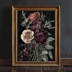 Ranunculus & Rose Wall Art · Victorian Gothic Botanical · Moody Dark Academia Flower · Melancholic Bloom Decor · Digital Download