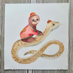 Illustrazione Originale - Bradipo e l'anno del Serpente| Acquerello e matita su carta 100% cotone satinata