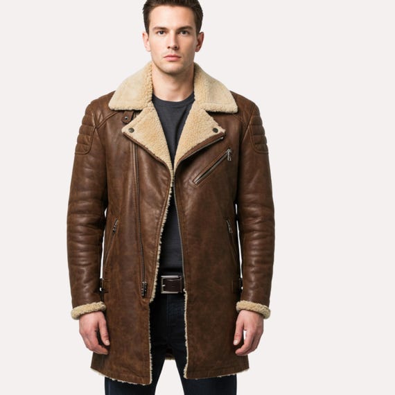 Brauner Leder Trenchcoat Herren Schaffell Bikermantel Pelz