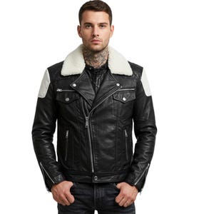 Black Biker men leather jacket  | Custom Biker Coat | Fur Lined Moto Jacket | Handmade Sheepskin Jacket  Gift for Him | leather moto jacket