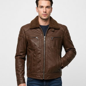 Brown Men leather biker jacket | Fur Collar Sheepskin Moto Coat | Custom Biker Jacket | Handmade Gift for Him | Fall Winter Streetwear