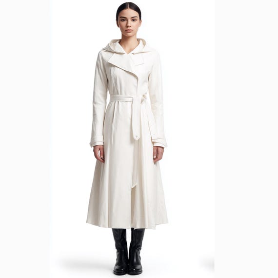 Women's White Leather Hooded Trench Coat Vintage Long Leather