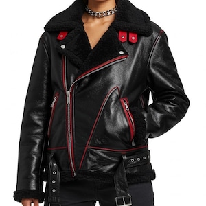 Women&#39;s Real Lambskin Leather Aviator Pilot RAF B3 Bomber Jacket Black Fur Jacket, Shearling B3 RAF Coat, Handmade Women&#39;s Coat