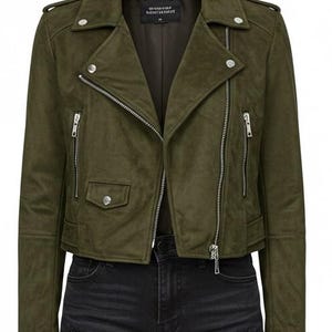 Women’s Olive Green Suede Biker Jacket | Handmade Slim Fit Moto Coat | Custom Faux Leather Lined Jacket | Fall Winter Outerwear Gift for Her