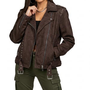 Women Brown Suede Jacket | Studded vintage biker jacket | Genuine Suede Outerwear | Western-Inspired custom jacket | Streetwear Gift for her