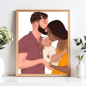 Custom Mixed Family Portrait, Interracial Couple, Blended Family Illustration, Intercultural Love, Mixed Kid, Printable Multicultural Gift