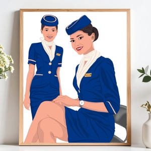 Custom Hostess Portrait, Gift for Flight Crew, Personalized Digital Art for Pilots, Flight Attendants, Cabin Crew, Unique Aviation Gift