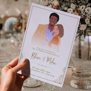 Faire-part de mariage personnalisé, faire-part numérique personnalisé, faire-part de fiançailles et shower de mariage, portrait personnalisé pour couple mixte