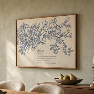 May include: A rectangular framed wall art piece featuring a blue ink-style illustration of a fruit-bearing tree branch. The text reads: abide, I am the vine you are the branches. If you remain in me and I in you, you will bear much fruit; apart from me you can do nothing.
