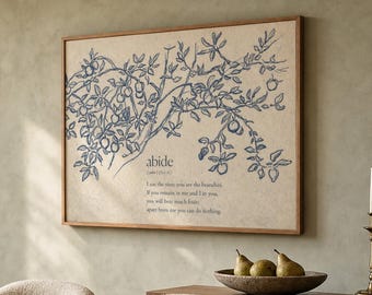 May include: A rectangular framed wall art piece featuring a blue ink-style illustration of a fruit-bearing tree branch. The text reads: abide, I am the vine you are the branches. If you remain in me and I in you, you will bear much fruit; apart from me you can do nothing.