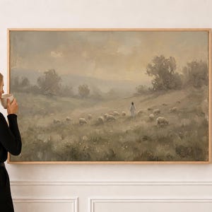 Gods Shepherd Print | Good Shepherd Art | Hillside Flock Far Christian Wall Art Print | S0038
