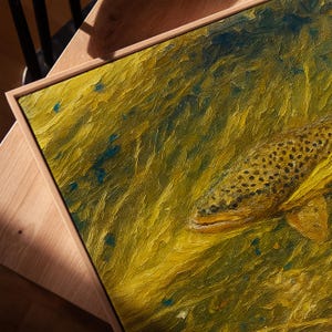 Brown Trout River Painting Print, Fly Fishing Wall Art for Cabin or Lake House, Golden Stream Wildlife Decor