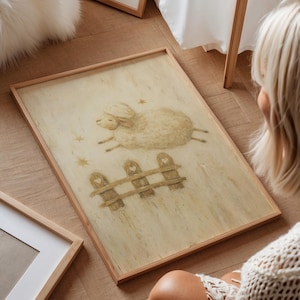 Jumping Sheep Nursery Wall Art – Counting Sheep Baby Room Painting, Farm Animal Sleepy time Decor