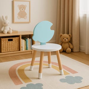 Silla infantil de madera curvada con diseño de pez de dibujos animados: silla infantil de madera natural para sala de juegos, rincón de lectura o guardería.