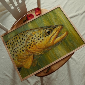 Brown Trout Fly Fishing Wall Art | Impressionist Oil Painting of Dry Fly | Brown Trout Decor for Cabin or Lodge | Fisherman Gift