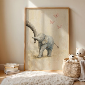Decorazione murale con elefante e bambino per cameretta / Stampa incorniciata galleggiante con farfalle rosa, dipinto con un delicato legame con gli animali, decorazione per cameretta per bambine