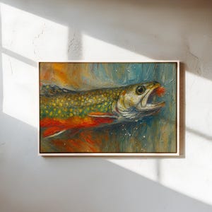 Impression d'art mural pêche à la mouche à l'omble de fontaine, peinture vibrante de truite avec leurre, décoration de cabane rustique pour les pêcheurs et les amoureux de la nature